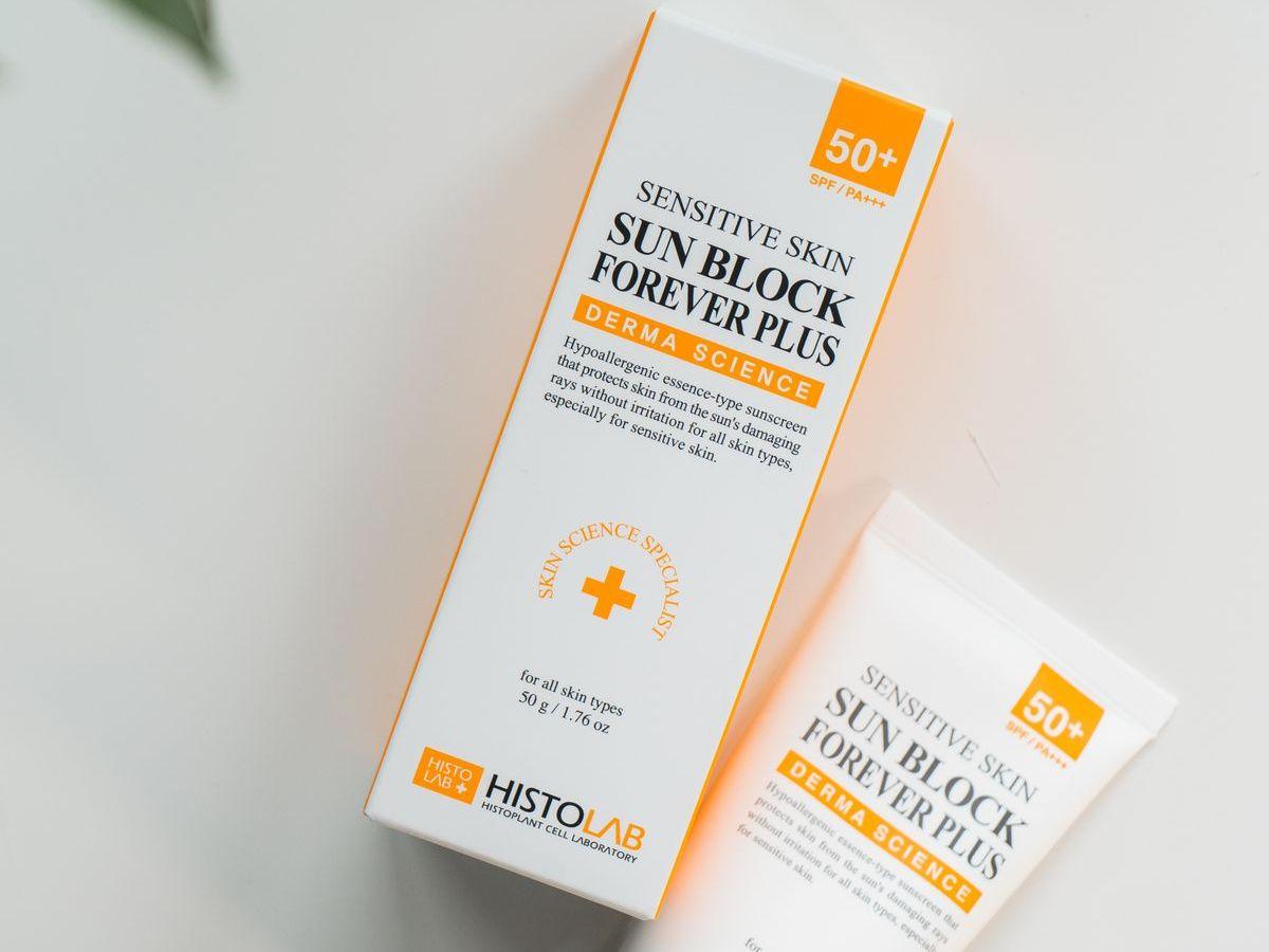 Sunscreen for sensitive skin on a white surface